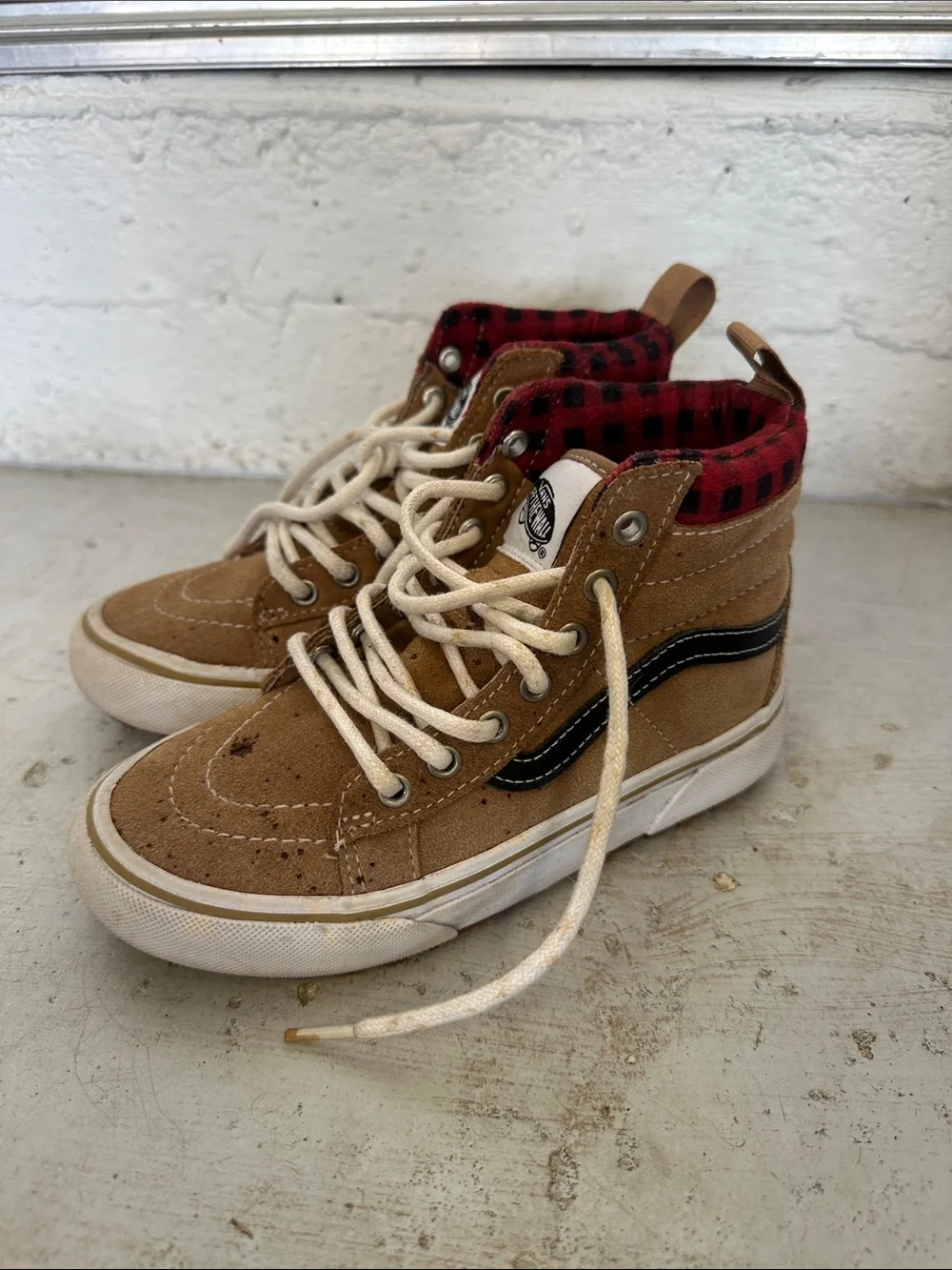 Kids High-Top Sneakers in Tan with Red Plaid Collar